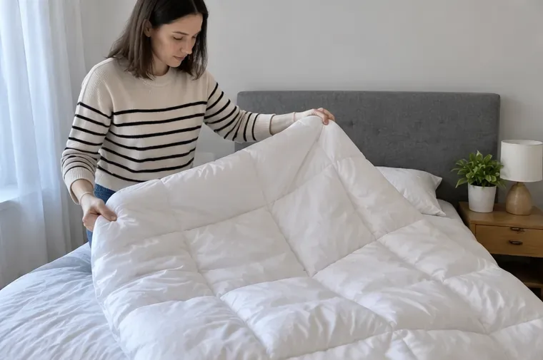 Une personne examine une couette blanche sur un lit pour vérifier si elle peut encore être utilisée ou donnée