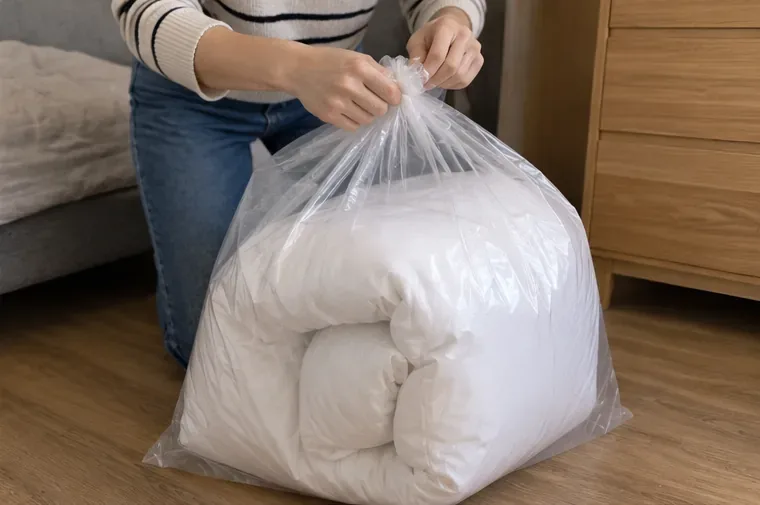 Une couette blanche pliée et placée dans un grand sac transparent fermé pour être transportée proprement