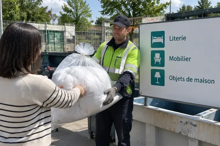 Une usagère remet une couette emballée à un agent de déchèterie près d’une zone signalée pour la literie et les objets de la maison