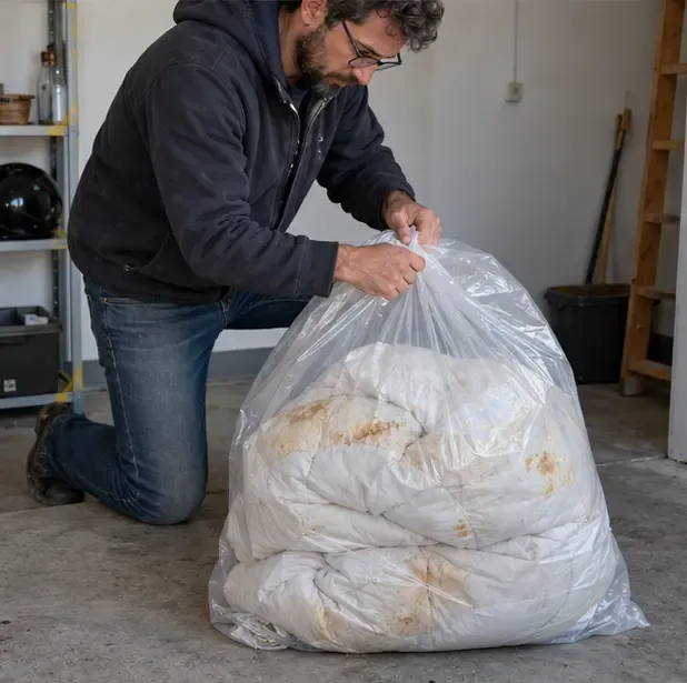 Une personne plie une couette tachée et sèche dans un grand sac pour la transporter