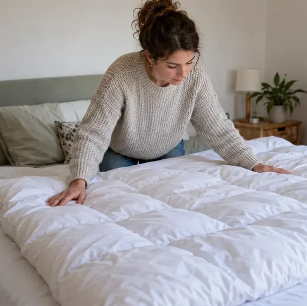 Une personne examine une couette blanche étendue sur un lit pour vérifier son état