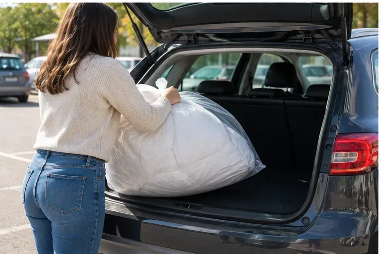 Une personne charge une couette ensachée dans le coffre d’une voiture pour l’apporter à un centre de recyclage
