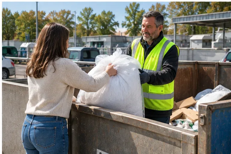 Une personne remet une couette ensachée à un agent portant un gilet de sécurité dans un centre de recyclage