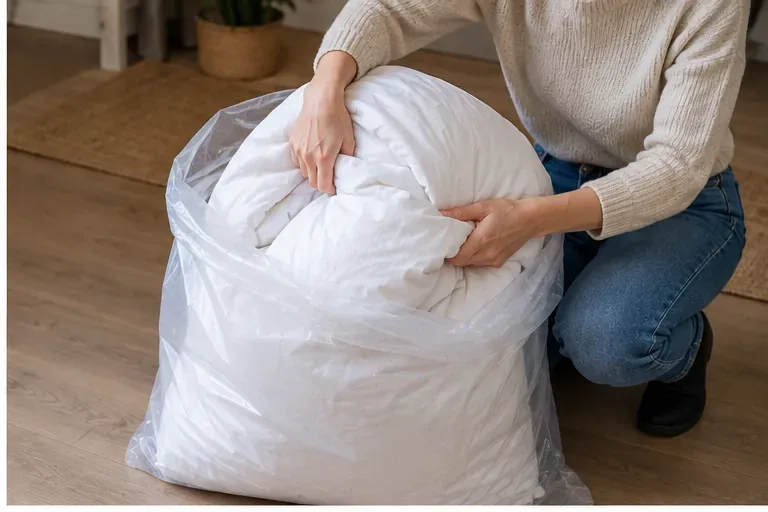 Une couette blanche est placée dans un grand sac transparent avant le transport vers un point de collecte adapté