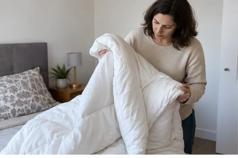 Une personne examine une couette blanche sur un lit afin de vérifier son état avant de choisir entre don, reprise et recyclage.