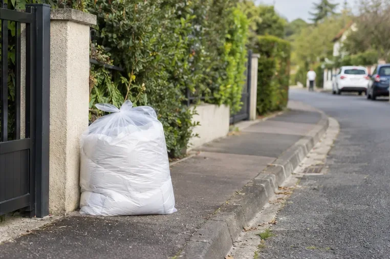 Un grand sac fermé contenant une couette est posé près d’un portail sur un trottoir résidentiel avant une collecte programmée.