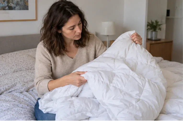Une personne examine une couette blanche sur un lit avant de décider si elle peut être réemployée ou doit être recyclée