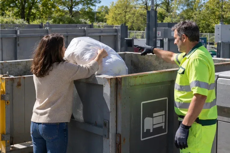 Une personne dépose une couette dans un grand contenant de déchèterie sous les indications d’un agent en tenue haute visibilité