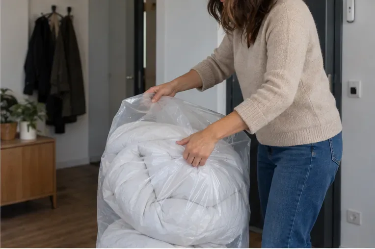 Une personne place une couette blanche pliée dans un grand sac transparent afin de faciliter son transport