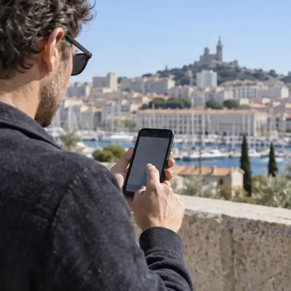 Personne consultant un service de gestion des déchets sur son téléphone avec Marseille en arrière-plan