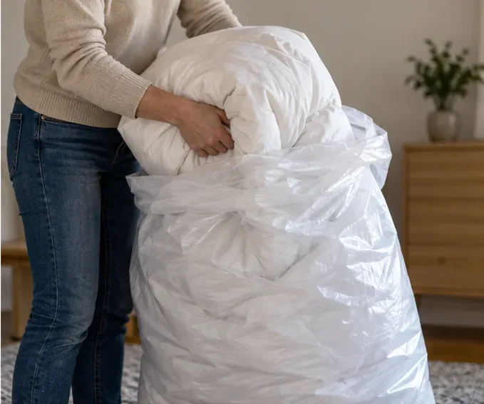 Une personne place une couette blanche pliée dans un grand sac transparent avant le transport.