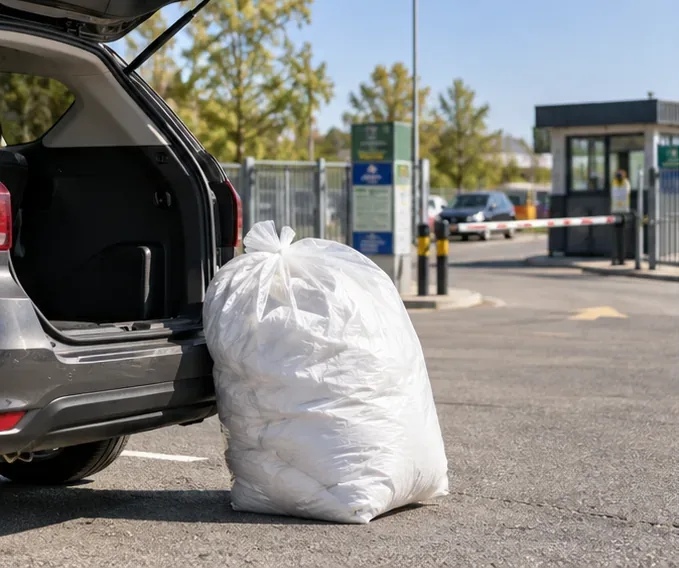 Une couette emballée dans un grand sac est posée près du coffre ouvert d’une voiture à l’entrée d’une déchèterie.