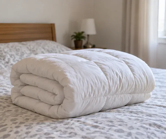 Une couette blanche pliée sur un lit, prête à être triée avant son évacuation.