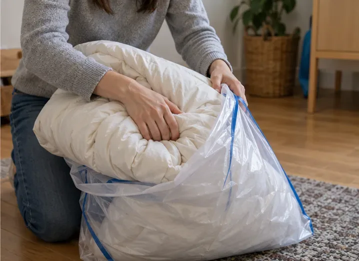 Une couette blanche pliée et rangée dans un grand sac transparent pour être transportée sans se salir