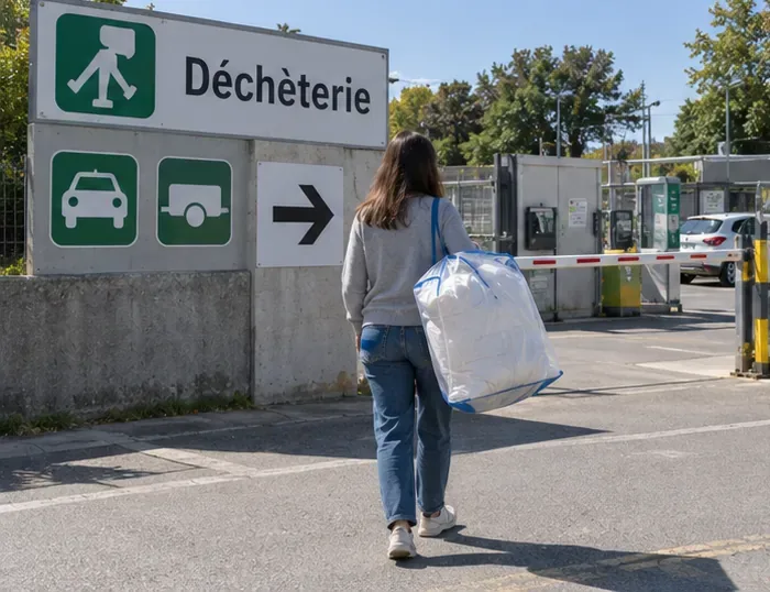 Une personne arrive à l'entrée d'une déchèterie avec une couette protégée dans un sac de transport