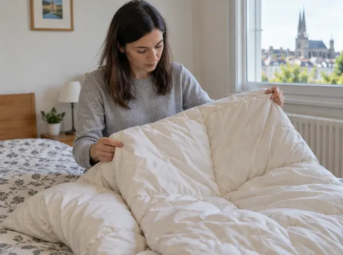 Une personne examine une couette blanche sur un lit pour vérifier son état avant de choisir entre don et recyclage