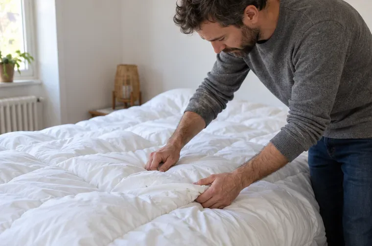 Un homme examine de près la surface et la couture d’une couette blanche étendue sur un lit.