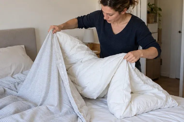 Une personne sépare une housse de lit rayée de la couette blanche et épaisse qu’elle contient.