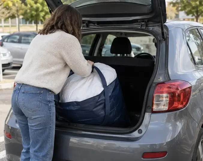 Une personne charge une couette pliée dans le coffre d’une petite voiture pour l’emmener vers une filière de dépôt