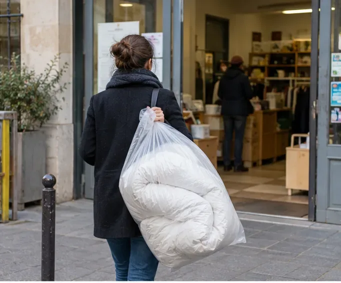 Une personne transporte une couette blanche emballée dans un sac transparent vers une boutique de réemploi