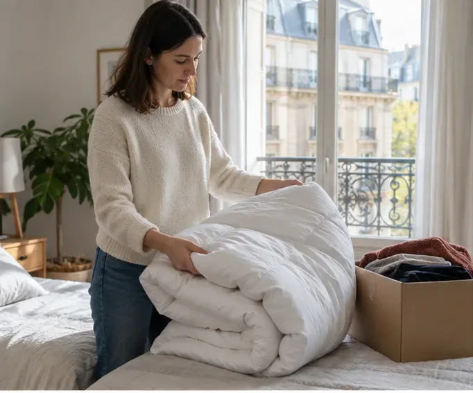 Une personne plie une grande couette blanche sur un lit dans un appartement parisien