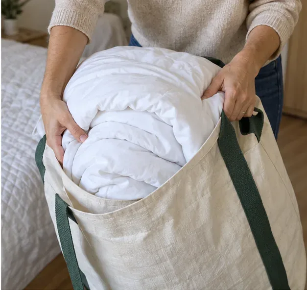 Une couette blanche pliée est placée dans un grand sac en tissu propre et fermé, les mains tenant le bord du sac