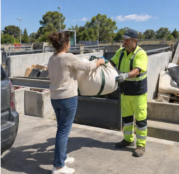 Une agente en tenue haute visibilité reçoit un grand sac contenant une couette sur un site municipal de collecte équipé de bennes séparées