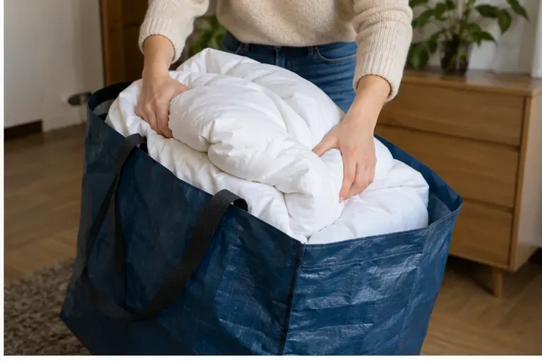 Une couette blanche pliée et placée dans un grand sac réutilisable bleu avant son transport vers un point de collecte