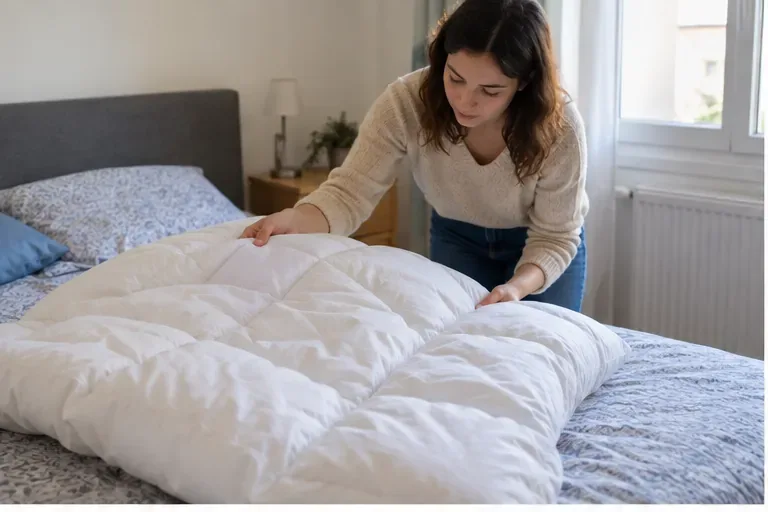 Une personne examine une couette blanche étendue sur un lit afin de vérifier son état avant de choisir entre don et recyclage