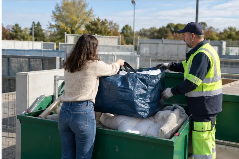 Une personne remet un sac contenant une couette à un agent dans une zone de collecte en déchèterie