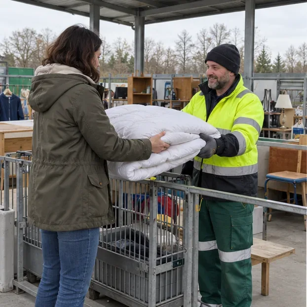 Habitante remettant une couette pliée à un agent dans un espace de réemploi d’une déchèterie