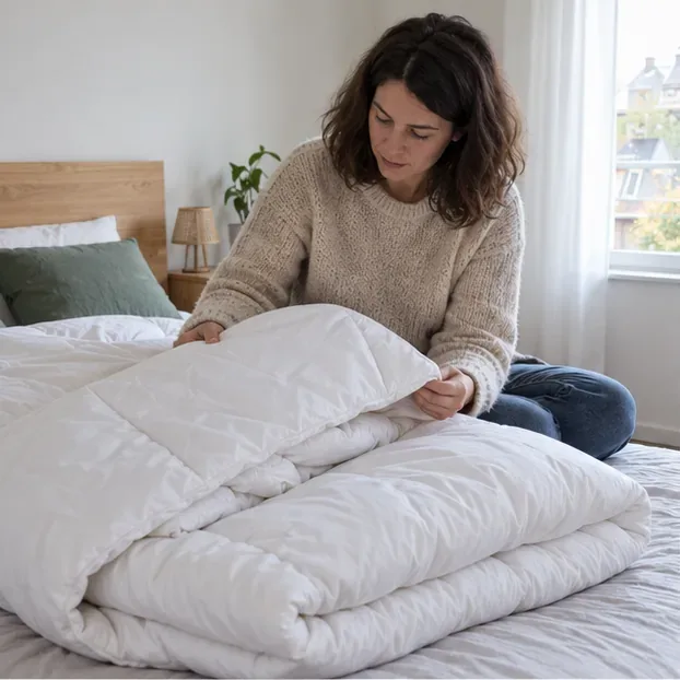 Personne examinant une couette blanche propre et sèche sur un lit avant de choisir entre don et dépôt