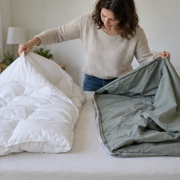 Une personne sépare une couette blanche rembourrée de sa housse de lit grise