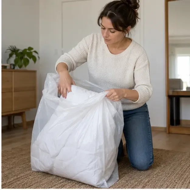 Une couette propre et sèche est placée dans un grand sac fermé
