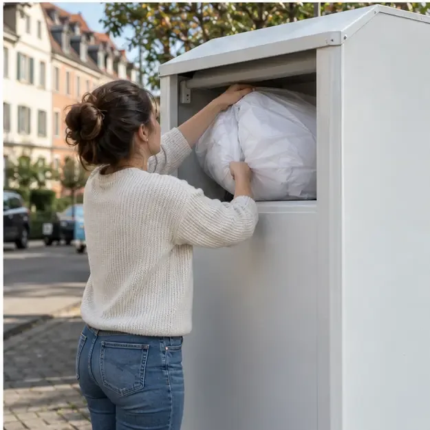 Une personne dépose un sac contenant une couette dans une borne textile