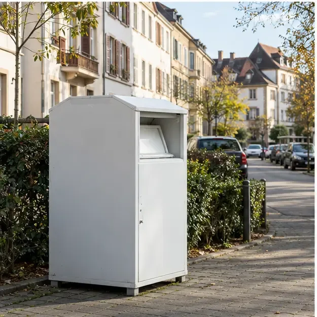Une borne textile blanche dans une rue résidentielle de type strasbourgeois