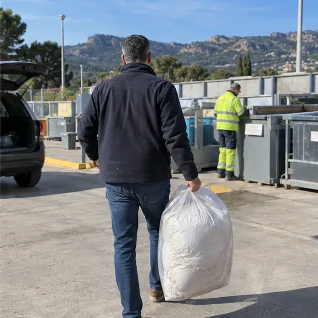 Un particulier transporte une couette ensachée dans une déchèterie avec plusieurs bennes de tri en arrière-plan