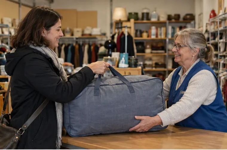 Une personne remet une couette pliée à une bénévole dans un espace de réemploi.