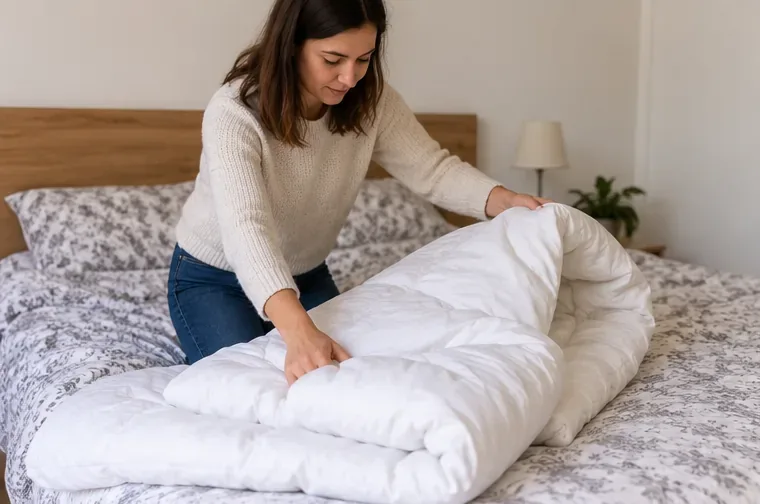 Une personne plie une couette blanche propre sur un lit avant de décider de la donner ou de la déposer en filière adaptée.