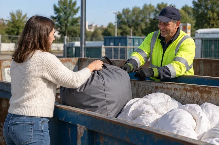 Dans une déchèterie, une usagère remet à un agent un grand sac contenant une couette afin qu’il l’oriente vers le bon flux de collecte.