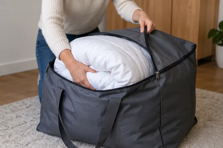 Une personne range une couette blanche pliée dans une grande housse grise fermable pour faciliter son transport.