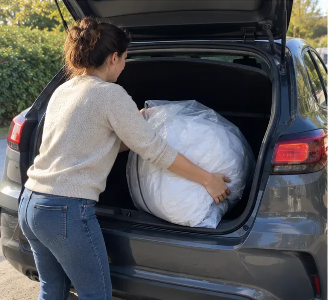 Une personne charge dans le coffre d’une voiture une couette pliée et protégée dans un sac avant de partir en déchèterie