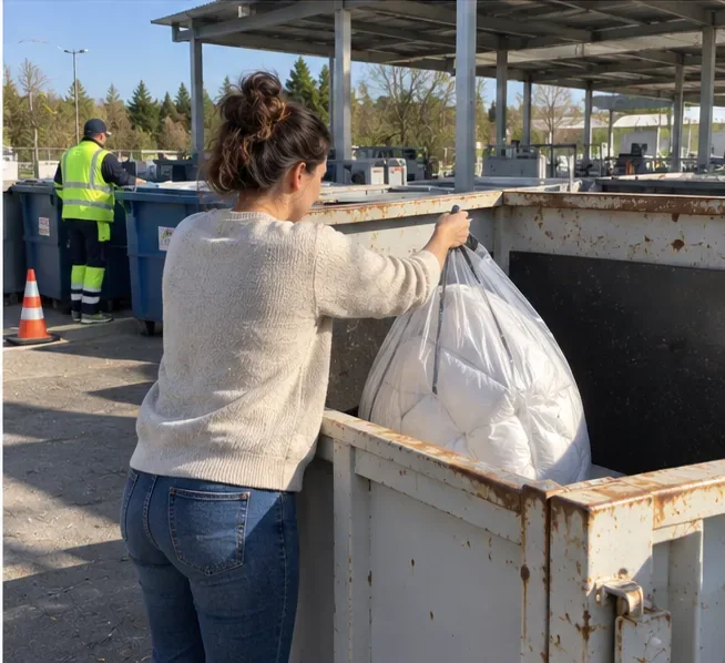 Une personne apporte un sac contenant une couette dans une zone de dépôt de déchèterie en suivant les indications sur place