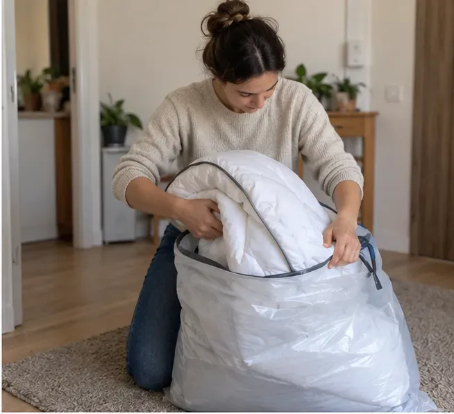 Une personne place une grande couette blanche pliée dans un sac de transport transparent et refermable