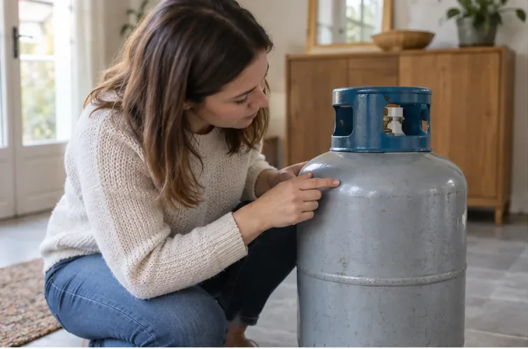 Une femme examine le corps et le col bleu d’une bouteille de gaz domestique grise pour repérer les signes permettant d’identifier sa marque.