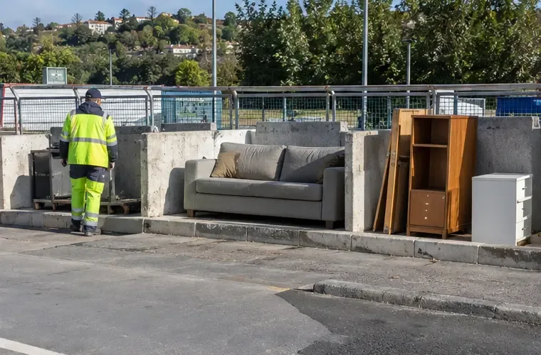 Un canapé déposé dans la zone mobilier d’une déchèterie municipale avec un agent à proximité