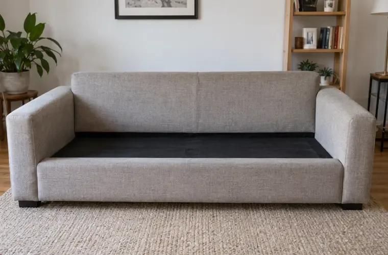 Un canapé en tissu propre et en bon état, photographié de face dans un intérieur