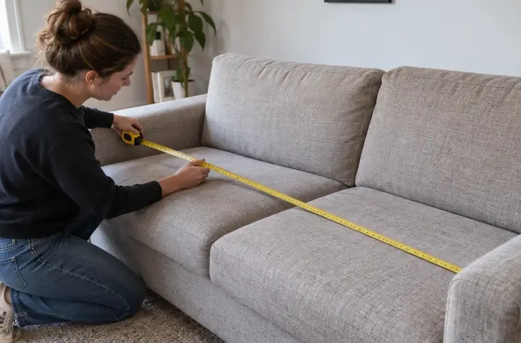 Une personne mesure la longueur d’un canapé en tissu avec un mètre ruban dans un salon