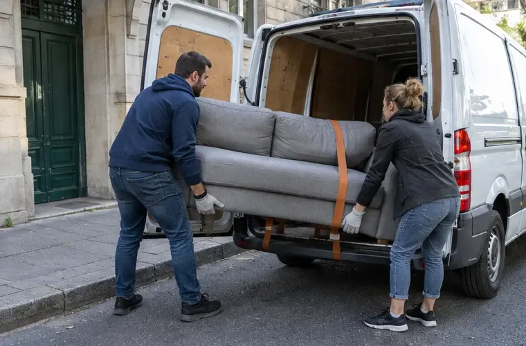 Deux personnes chargent un canapé sanglé dans un petit utilitaire garé devant un immeuble