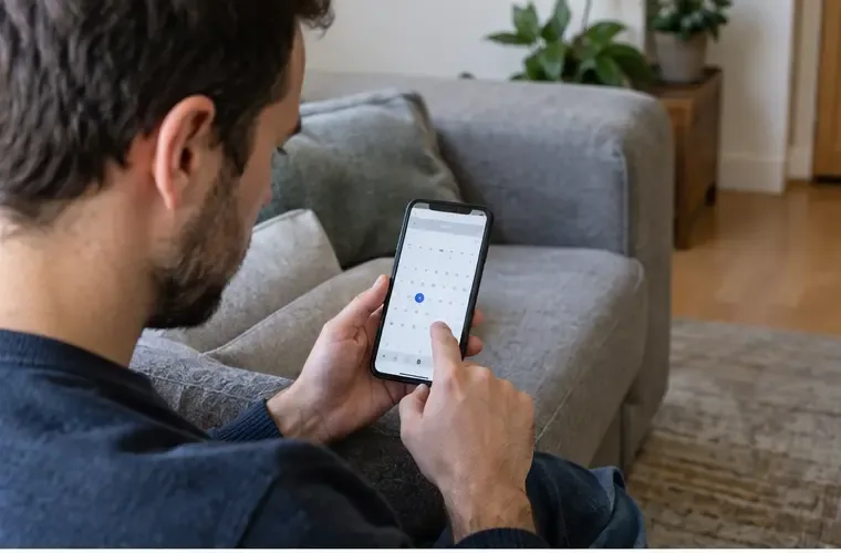 Une personne consulte le calendrier d’un smartphone à côté d’un canapé pour organiser une collecte